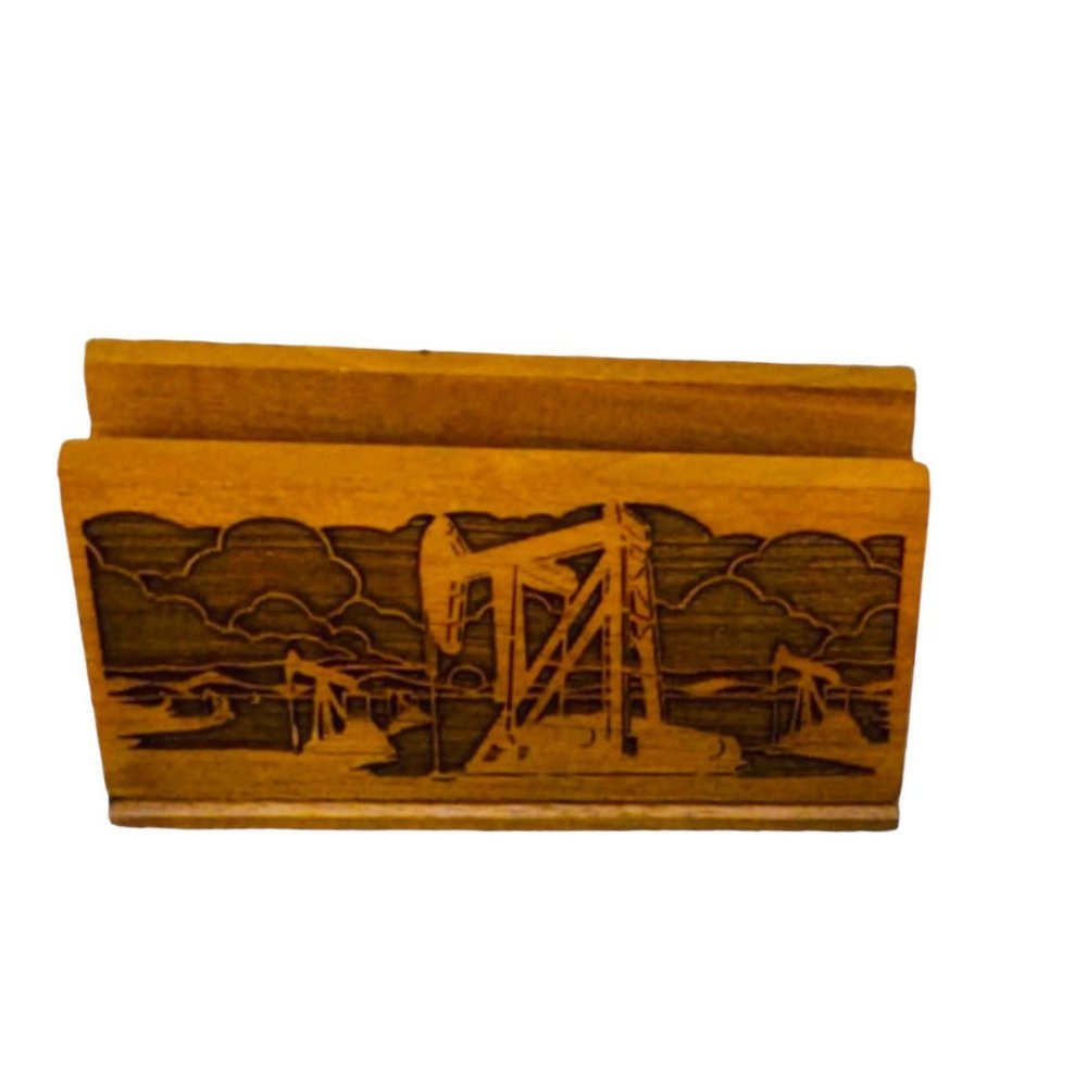 Lasercraft Vintage Oil Wells Engraved American Walnut 4 Piece Vntg Desk Set 1993